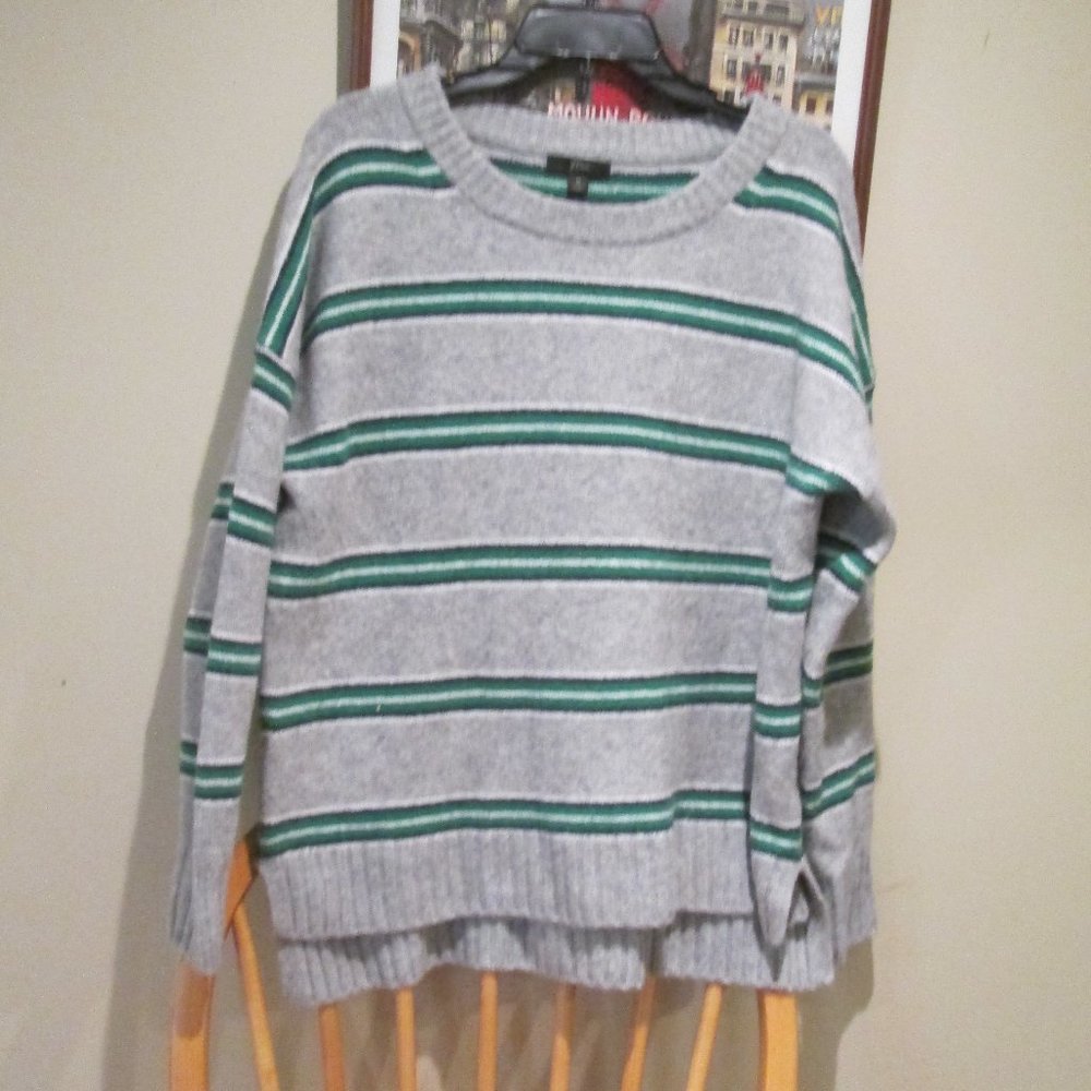 J Crew Soft Cozy Oversized Pullover Sweater Gray with Green White Black Stripes